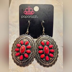 Paparazzi Silver-Tone Red Southwestern Oval Earrings